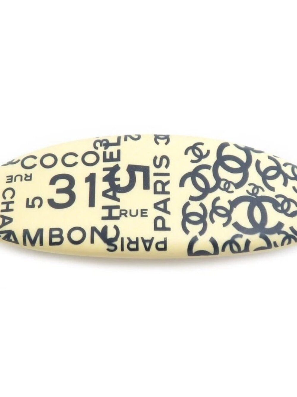 CHANEL CC Logo Barrette Hair Clip Beige/Navy/Silver Wood/Metal